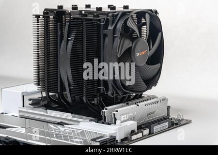 Installieren eines BE Quiet CPU-Kühlers Dark Rock Pro 4 auf der Hauptplatine. Stockfoto