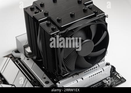 Installieren eines großen Kühlers auf einem Computerprozessor. Stockfoto