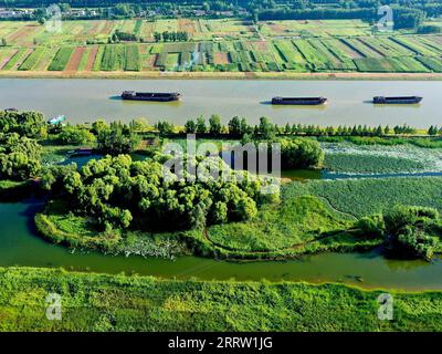 230813 -- JINAN, 13. Aug. 2023 -- dieses Luftbild vom 9. Aug. 2023 zeigt einen Blick entlang des Abschnitts Zaozhuang des Peking-Hangzhou-Kanals im Bezirk Taierzhuang der Stadt Zaozhuang in der ostchinesischen Provinz Shandong. Der Canal Grande, eine riesige Wasserstraße, die den nördlichen und südlichen Teil Chinas verbindet, fließt durch die Stadt Zaozhuang. In den letzten Jahren hat der Bezirk Taierzhuang von Zaozhuang alles unternommen, um die ökologische Bauweise entlang des Kanals zu fördern. CHINA-SHANDONG-TAIERZHUANG-GRAND CANAL-LANDSCHAFT CN GUOXXULEI PUBLICATIONXNOTXINXCHN Stockfoto