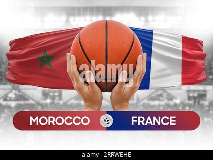 Marokko gegen Frankreich Basketball-Nationalmannschaften Basketballspiel Wettbewerb Cup Concept Image Stockfoto