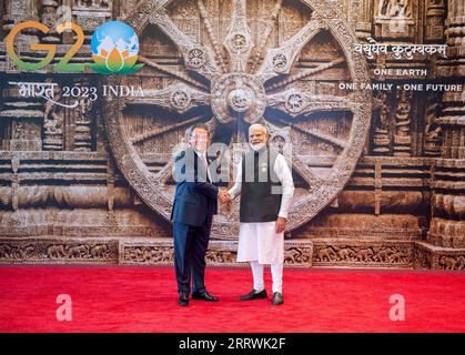 New Delhi, Indien. September 2023. Der chinesische Premierminister Li Qiang nimmt am 9. September 2023 an der ersten Sitzung des 18. G20-Gipfels in Neu-Delhi, Indien, Teil. Li sprach auch über die erste Sitzung des 18. G20-Gipfels am Samstag in Neu-Delhi. Quelle: Li Tao/Xinhua/Alamy Live News Stockfoto