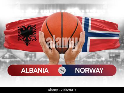 Albaniens gegen Norwegens Basketballnationalmannschaften Basketballspiel Wettkampfpokal Konzeptbild Stockfoto