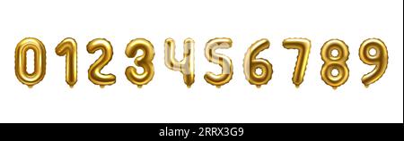 Stücklistennummern. Birthday Folienballons, 3D Gold Helium Baloon Schriftart, goldenes Jahr feiern Buchstaben 1, Metall 2 und 3. Jubiläumsfeier Stock Vektor