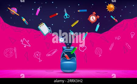 3D-Schulhintergrund. Schüler lernen Bücher und Schreibwaren. Rucksack mit Bleistiften oder Notizblöcken. Kindervorräte im Weltraum. Happy Kids Education conc Stock Vektor