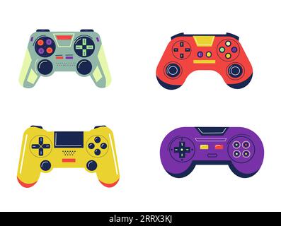 Joystick eingestellt. Farbenfrohe Controller für Videospiele. Verschiedene helle Gamepads-Kollektion. Kabellose Unterhaltungsgeräte mit Tasten. Spielausrüstung. Stock Vektor