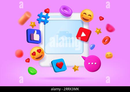 Blogbeitrag. Leerer Fotorahmen. Herzen und glückliche Smileys. Mobiler Bildschirm. Kommentare in sozialen Medien. Digital Like und Follow im Internet. Emoji chatten. Onlin Stock Vektor