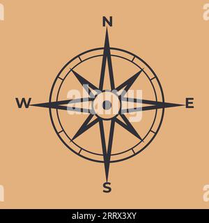Kompasssymbol. Windrose mit nördlicher Ausrichtung, Seeschifffahrtsausrüstung mit antiken Symbolen. Kartographisches und geographisches Konturzeichen. Vintage nau Stock Vektor