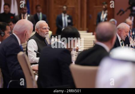 New Delhi, Indien. September 2023. Die Gruppe der Staats- und Regierungschefs der G20-Länder nimmt an der ersten Tagung des G20-Gipfels in Neu-Delhi, Indien, am Samstag, den 9. September, Teil. 2023. Foto: Press Information Bureau (PIB)/Credit: UPI/Alamy Live News Stockfoto