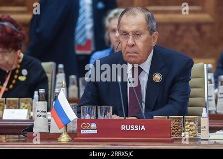 New Delhi, Indien. September 2023. Der russische Außenminister Sergej Lawrow nimmt an der ersten Sitzung des G20-Gipfels der Staats- und Regierungschefs auf dem Bharat Mandapam in New Delh, Indien, Teil. Am Samstag, den 9. September 2023. Foto von Russian FM Press Office/Credit: UPI/Alamy Live News Stockfoto