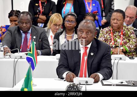 New Delhi, Indien. September 2023. Südafrikas Präsident Cyril Ramaphosa nimmt an der ersten Sitzung des G20-Gipfels der Staats- und Regierungschefs auf dem Bharat Mandapam in New Delh, Indien, Teil. Am Samstag, den 9. September 2023. Foto des Präsidenten des südafrikanischen Presseamtes/Credit: UPI/Alamy Live News Stockfoto