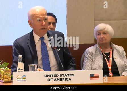 New Delhi, Indien. September 2023. US-Präsident Joe Biden nimmt an einer Sitzung im Rahmen des G20-Gipfels der Staats- und Regierungschefs in Neu-Delhi, Indien, Samstag, den 9. September, Teil. 2023. Foto: G20 India/Credit: UPI/Alamy Live News Stockfoto