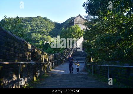 230824 -- DANDONG, 24. August 2023 -- Menschen besuchen den Hushan-Abschnitt der Chinesischen Mauer in der Stadt Dandong, Provinz Liaoning im Nordosten Chinas, 23. August 2023. CHINA-LIAONING-GREAT WALL-HUSHAN SECTION-LANDSCHAFT CN YANGXQING PUBLICATIONXNOTXINXCHN Stockfoto