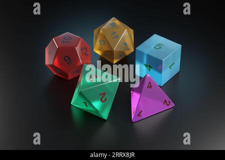 Rollenspiel-Würfel in Form platonischer Feststoffe. 3D-Abbildung. Stockfoto