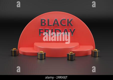 Rotes Podium mit Black Friday Text und Geschenkboxen auf dunklem Hintergrund. 3D-Abbildung. Stockfoto
