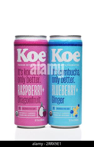 IRVINE, KALIFORNIEN - 7. SEPTEMBER 2023: Zwei Dosen Koe Kumbucha Sparkling Beverage, Raspberry Dragonfruit und Bluberry Ginger Flavors. Stockfoto