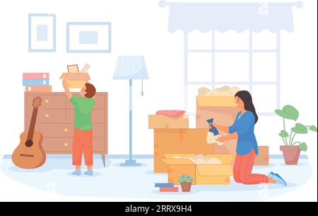Mutter und Kind packen Sachen. Familie Umzug Haus isoliert auf weißem Hintergrund Stock Vektor