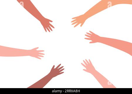 Handkreis. Verschiedene menschliche Palmen zusammen. Freundschaftskonzept isoliert auf weißem Hintergrund Stock Vektor