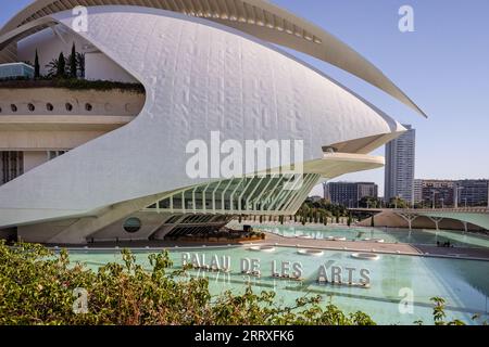 Nahaufnahme des Palau de les Arts in der Stadt der Künste und Wissenschaften, Valencia, Spanien am 25. August 2023 Stockfoto