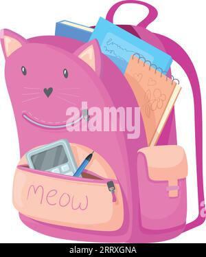 Pinkfarbener Rucksack. Schulkitty-Tasche mit Kinderzubehör isoliert auf weißem Hintergrund Stock Vektor