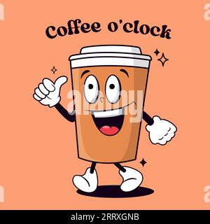 Comic-Kaffeetasse mit Zitat Kaffee um Uhr, Retro-Maskottchen-Charakter. Vektorillustration. Stock Vektor