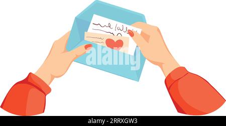 Offener Umschlag mit Liebesbrief in menschlichen Händen isoliert auf weißem Hintergrund Stock Vektor