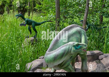 Ein Dinosaurier, der in einer Szene aus der jurassischen Welt gezeigt wird. Dinosaurier-Modell im Park. Riese tyrannosaurus bei einer Ausstellung im Park Stockfoto