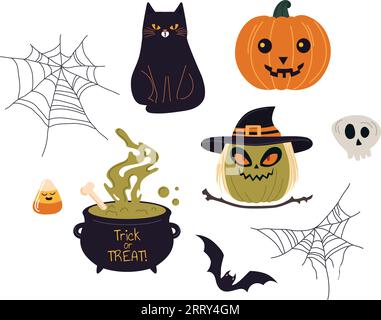 Set aus niedlichen Katzen und Hexen im flachen Stil. Stock Vektor