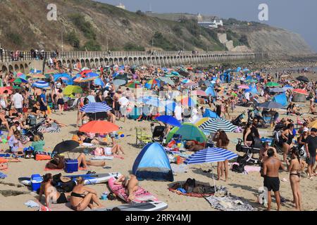 Folkestone, Kent, Großbritannien, 9. September 2023. Die Hitzewelle im September setzte sich bis zum Wochenende fort, mit deutlich überdurchschnittlichen Temperaturen. Die Leute strömten zum Sunny Sands Beach in Folkestone, Kent, vor einem donnernden Wetterausfall auf dem Weg. Quelle: Monica Wells/Alamy Live News Stockfoto