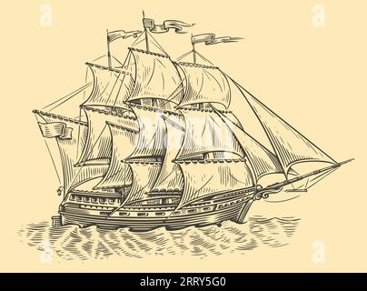 Segelschiffskizze. Das alte Segelboot segelt auf den Meereswellen im Vintage-Stil. Vektorillustration Stock Vektor