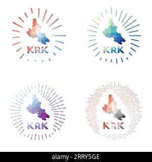 Krk Low Poly Sunburst Set. Logo der Insel im geometrischen polygonalen Stil. Vektorillustration. Stock Vektor