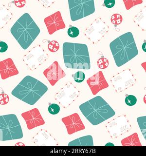 Nahtloses Muster mit Weihnachtsspielzeug und Weihnachtsgeschenken. Trendiger Stil. Stock Vektor
