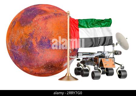 Das Mars-Explorationsprogramm der Vereinigten Arabischen Emirate. planetenrover mit Mars und Flagge der Vereinigten Arabischen Emirate. 3D-Rendering isoliert auf weißem Hintergrund Stockfoto