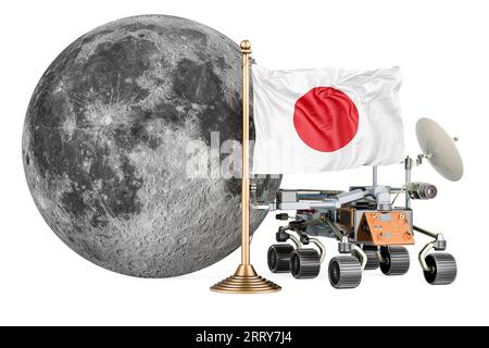 Japanisches Mondforschungsprogramm. planetenrover mit Mond und japanischer Flagge. 3D-Rendering isoliert auf weißem Hintergrund Stockfoto