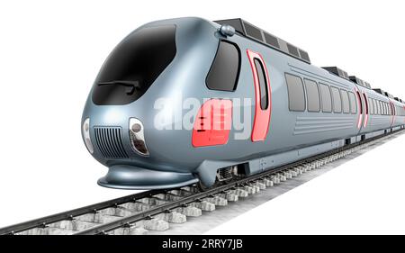Hochgeschwindigkeitszug auf den Gleisen. 3D-Rendering isoliert auf weißem Hintergrund Stockfoto