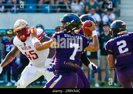 Frankfurt, Deutschland. September 2023. ELF/Playoff Game : Berlin Thunder in Frankfurt Galaxy am 09. September 2023, in der PSD Bank Arena, Frankfurt am Main, Deutschland, QB # 7 Jakeb Sullivan/ Frankfurt Galaxy Credit: Frank Baumert/Alamy Live News Stockfoto