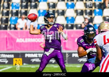 Frankfurt, Deutschland. September 2023. ELF/Playoff Game : Berlin Thunder in Frankfurt Galaxy am 09. September 2023, in der PSD Bank Arena, Frankfurt am Main, Deutschland, QB # 7 Jakeb Sullivan/ Frankfurt Galaxy Credit: Frank Baumert/Alamy Live News Stockfoto