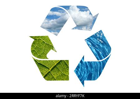 Illustration Recycling-Symbol von Naturelementen, grünem Laub, blauem Himmel und Meerwasser isoliert auf weißem Hintergrund. Stockfoto