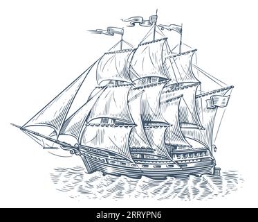Segelboot segelt auf den Meereswellen im Vintage-Stil. Segelschiff-Skizzenzeichnung Stockfoto