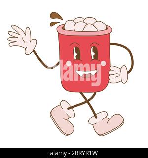 Grooviger Stil heiße Schokoladentasse nette Zeichentrickfigur mit Gesicht, Armen und Beinen, winkende Hand, Doodle-Stil flache Vektor-Illustration Stock Vektor