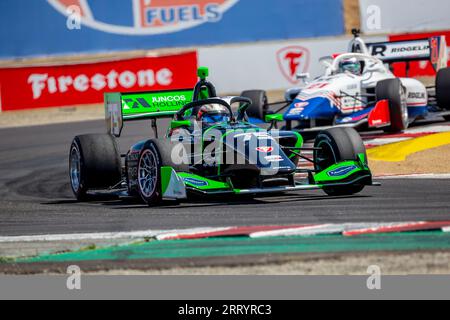 Monterey, KALIFORNIEN, USA. September 2023. INDYCAR NXT des Fahrers der Firestone-Serie, VICTOR FRANZONNI (75) aus Sao Paulo, Brasilien, fährt während des Firestone Grand Prix von Monterey auf dem WeatherTech Raceway Laguna Seca in Monterey, KALIFORNIEN, durch die Kurven. (Bild: © Kenneth L Weisenberger Grindston/ASP) NUR REDAKTIONELLE VERWENDUNG! Nicht für kommerzielle ZWECKE! Stockfoto