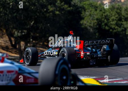 Monterey, KALIFORNIEN, USA. September 2023. Der INDYCAR-Fahrer SANTINO FERRUCCI (14) aus Woodbury, Connecticut, reist während einer Trainingseinheit für den Firestone Grand Prix von Monterey auf dem WeatherTech Raceway Laguna Seca in Monterey, KALIFORNIEN, durch die Kurven. (Bild: © Riley S Bridges Grindstone Media/ASP) NUR REDAKTIONELLE VERWENDUNG! Nicht für kommerzielle ZWECKE! Stockfoto