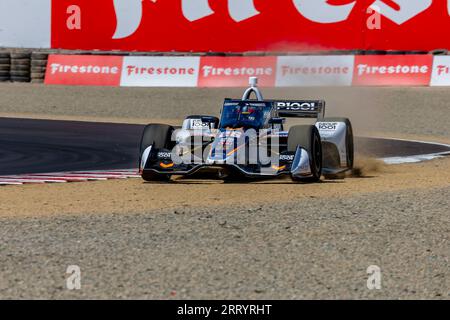 Monterey, KALIFORNIEN, USA. September 2023. COLTON HERTA (26) aus Valencia, Kalifornien, reist während einer Trainingseinheit für den Firestone Grand Prix von Monterey auf dem WeatherTech Raceway Laguna Seca in Monterey, KALIFORNIEN, durch die Kurven. (Bild: © Riley S Bridges Grindstone Media/ASP) NUR REDAKTIONELLE VERWENDUNG! Nicht für kommerzielle ZWECKE! Stockfoto