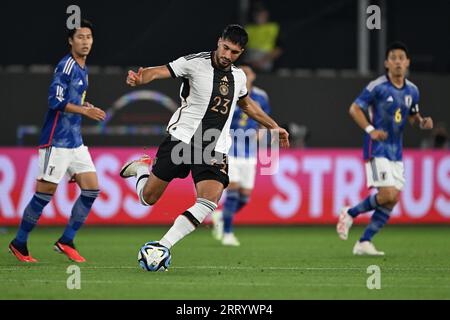 Wolfsburg, Deutschland. September 2023. Fußball: Internationale, Deutschland - Japan, Volkswagen Arena. Die deutsche Emre kann auf den Ball. WICHTIGER HINWEIS: Gemäß den Vorschriften der DFL Deutsche Fußball Liga und des DFB Deutscher Fußball-Bund ist es untersagt, im Stadion und/oder im Spiel aufgenommene Fotos in Form von Sequenzbildern und/oder videoähnlichen Fotoserien zu verwenden oder zu verwenden. Quelle: Federico Gambarini/dpa/Alamy Live News Stockfoto