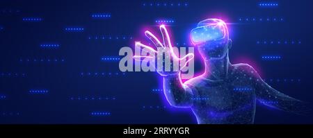 Ein Mann, der ein VR-Gerät für ein immersives virtuelles Erlebnis in einem Metaverse verwendet. Stock Vektor