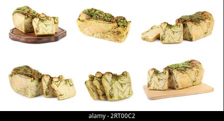 Collage mit frisch gebackenem Pesto-Brot isoliert auf weiß, Brot und Stücken Stockfoto