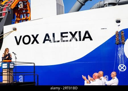 Rotterdam, Niederlande. September 2023. ROTTERDAM, NIEDERLANDE - 9. SEPTEMBER: Prinzessin Alexia der Niederlande nimmt am 9. September 2023 an der Namensgebung des Schiffes VOX Alexia in Rotterdam, Niederlande, Teil. Der VOX Alexia ist ein nachlaufender Saugtrichter-Bagger, der von Van Oord gebaut wurde. Quelle: Patrick van Katwijk/dpa/Alamy Live News Stockfoto