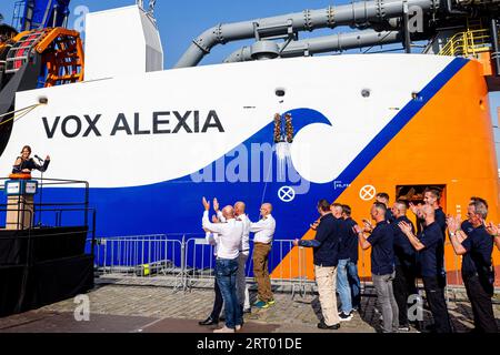 Rotterdam, Niederlande. September 2023. ROTTERDAM, NIEDERLANDE - 9. SEPTEMBER: Prinzessin Alexia der Niederlande nimmt am 9. September 2023 an der Namensgebung des Schiffes VOX Alexia in Rotterdam, Niederlande, Teil. Der VOX Alexia ist ein nachlaufender Saugtrichter-Bagger, der von Van Oord gebaut wurde. Quelle: Patrick van Katwijk/dpa/Alamy Live News Stockfoto