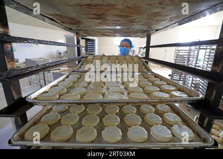 LUANNAN COUNTY, Provinz Hebei, China - 27. September 2020: Arbeiter an der Mondkuchen-Produktionslinie arbeiten hart in der Lebensmittelverarbeitungsanlage Stockfoto