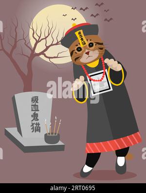 Illustration Vektor-Grafik Einer gruseligen chinesischen Vampirkatze, perfekt für eine gruselige Halloween-Szene Stock Vektor