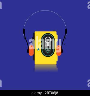 Tragbarer walkman ® Musik-Player mit flachem Kopfhörerdesign im Retro-Stil mit blauem Hintergrund. Vektor Stock Vektor